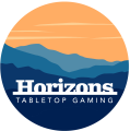 Blue mountains with orange sky. Text reads Horizons Tabletop Gaming.